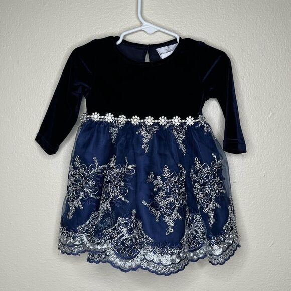 Rare Editions Navy Blue Velvet Lace Rhinestone Dress Bottom Set Girls 6-9 Months - Picture 11 of 13